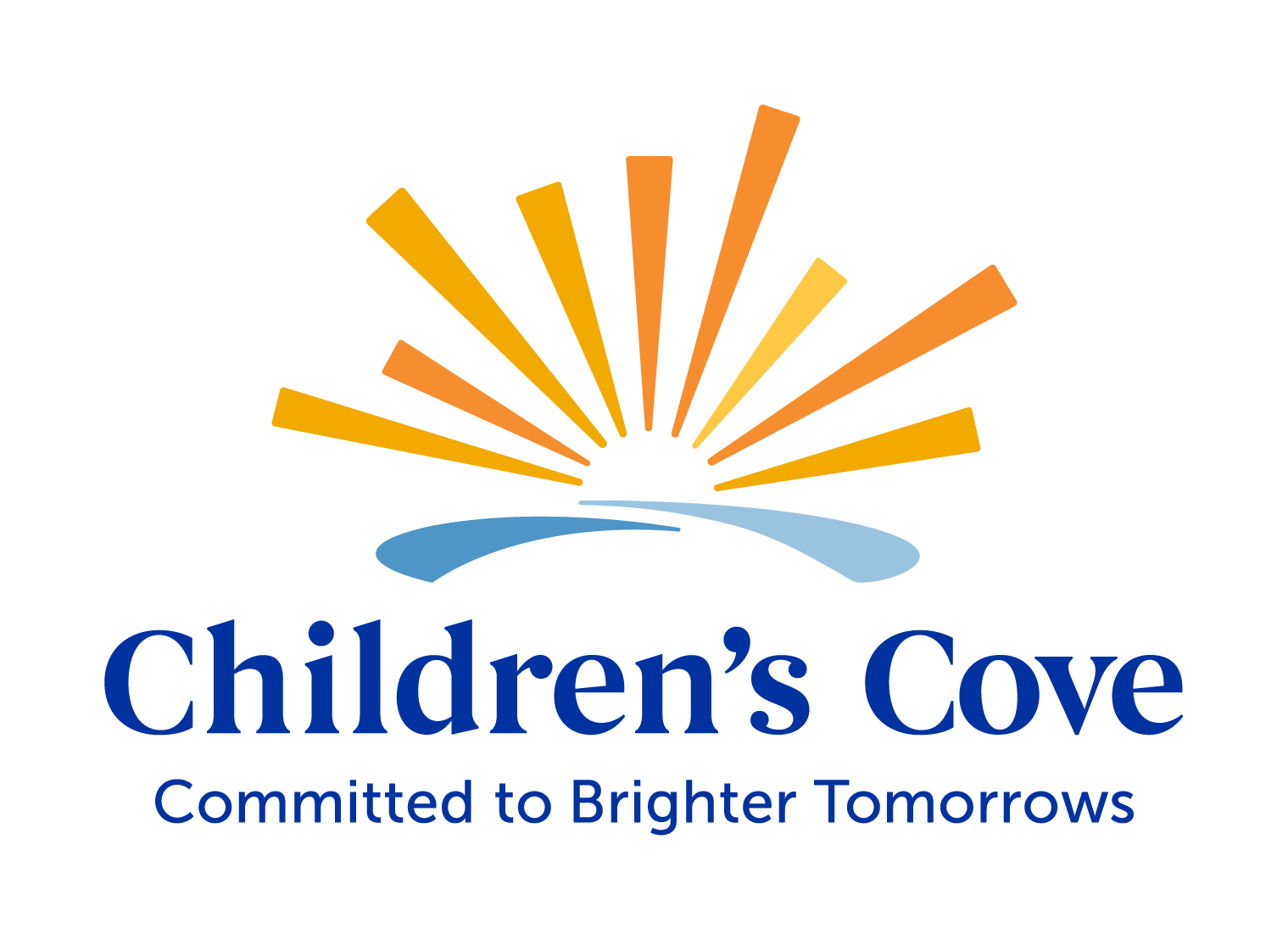 Children's Cove Logo Tag RGB The logo shows a stylized yellow and orange sun rising over a blue horizon, with the words Children’s Cove in bold blue letters and the tagline Committed to Brighter Tomorrows underneath.